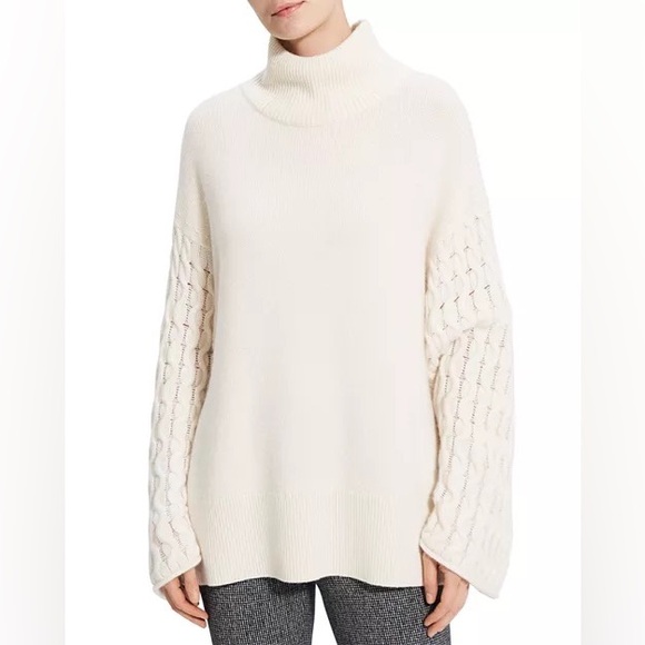 NWT Theory Cream Cable-Sleeve 100% Cashmere Pullover Sweater Size Large Petite - Picture 13 of 15